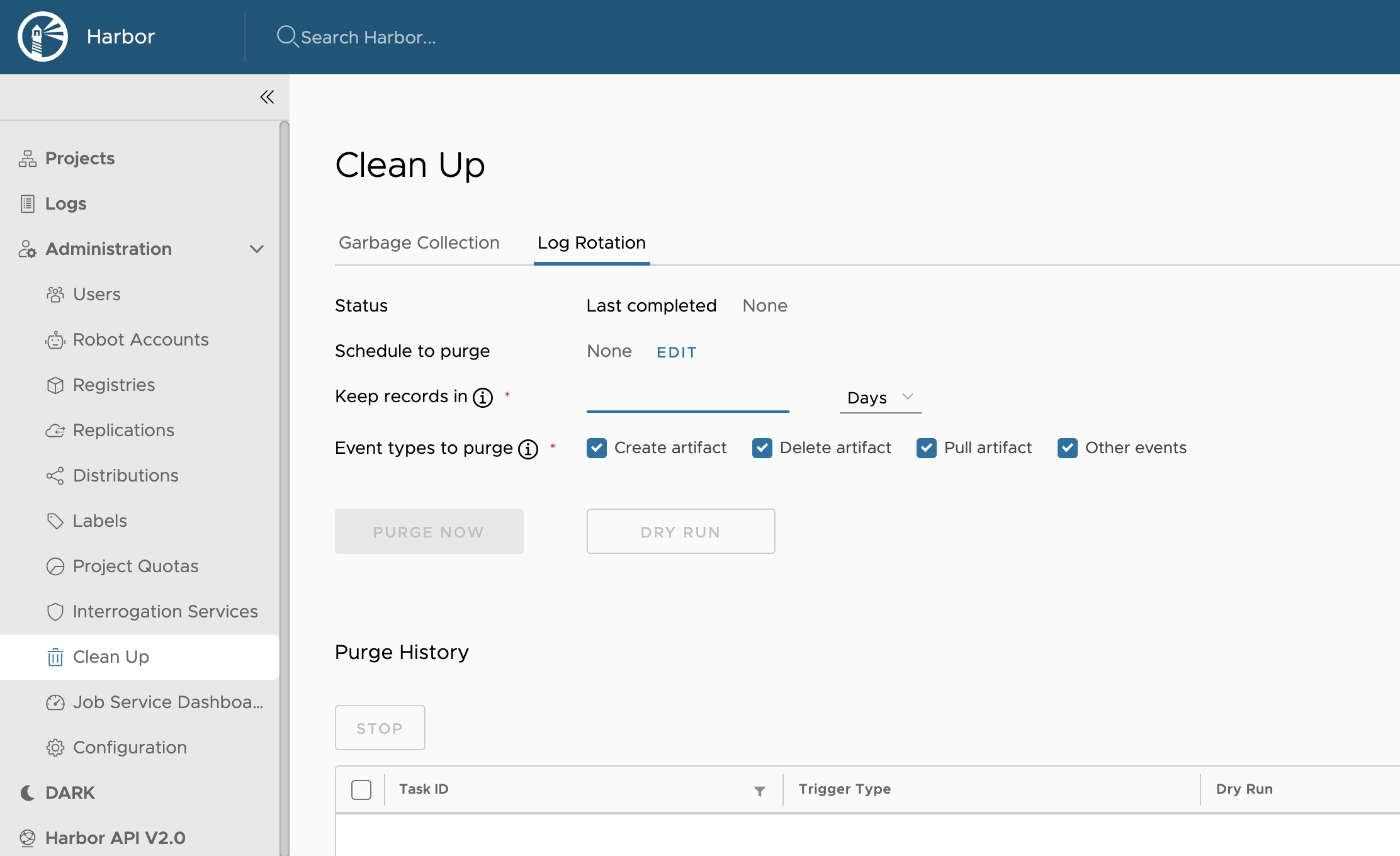 Log rotation page in Harbor interface